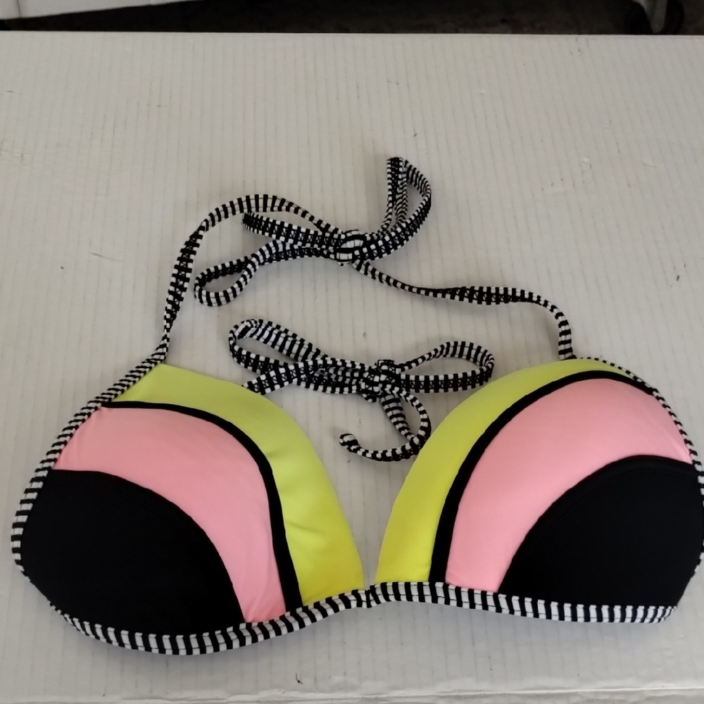 Malibu Colorblock Halter Bikini Top Neon SZ XL Summer Beach Resort Colorful Chic